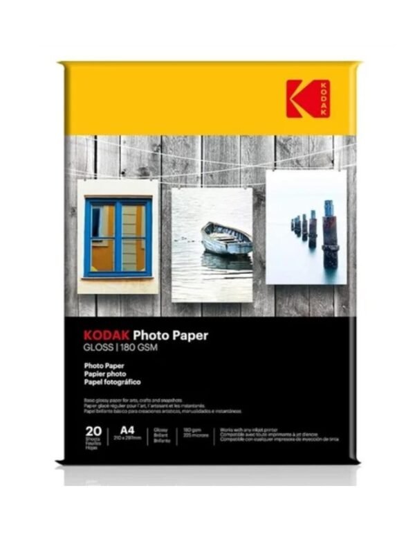 Kodak 180 GSM A4 Glossy Photo Paper – Water Resistant, Compatible with all Inkjet Printers, 20 Sheets.